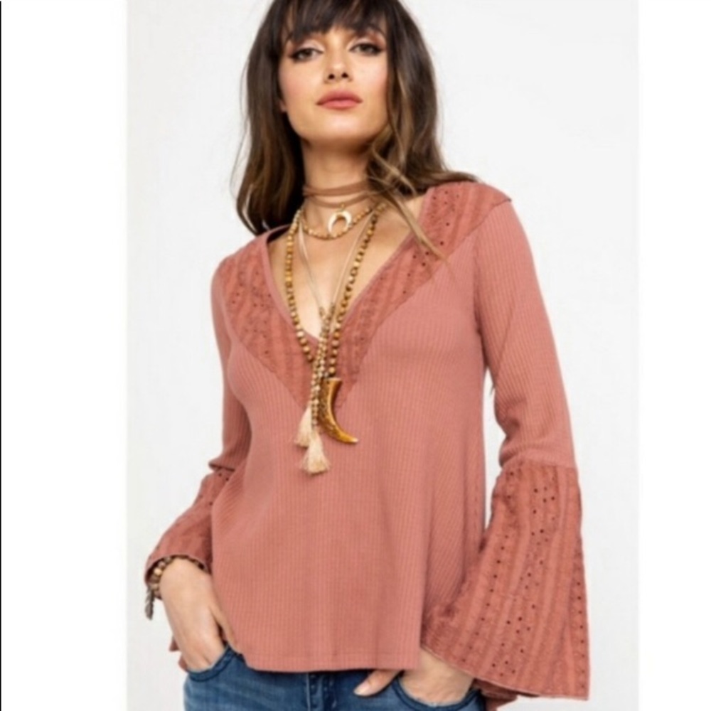 Free People Mauve Lace Bell Sleeve Thermal Top